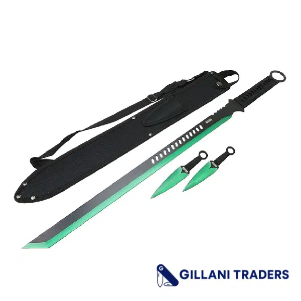 27" Green 2 Tone Blade Sword with 2 Throwing Knives and Sheath