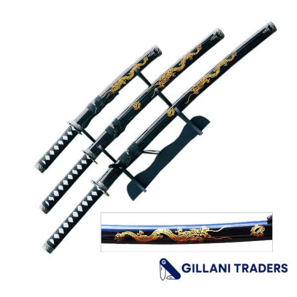 3-Piece Black & Gold Dragon Samurai Sword Set with Display Stand – Carbon Steel Blade