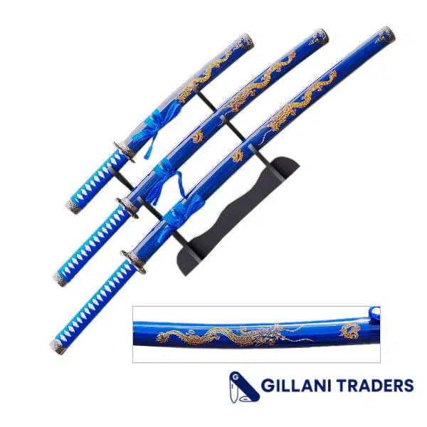 3-Piece Blue & Gold Dragon Samurai Sword Set with Display Stand – Carbon Steel Blade