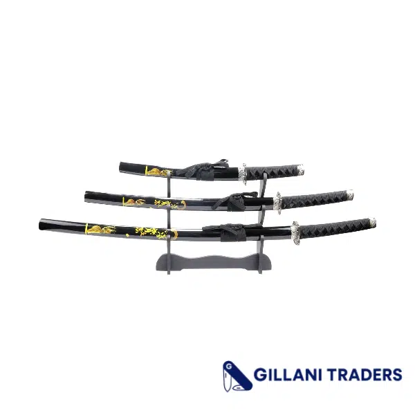 3pc Black Samurai Sword Set Corbon Steel Blades with Stand Good Quality New