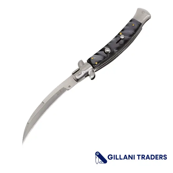 8.5" Italian Style Stiletto Folding Knife with Swedged Kris Blade & Pearlized Black Handle