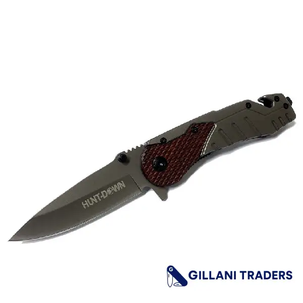 8" Hunt Down Grey and Wood Color Folding Spring Assisted Knife with Belt Clip