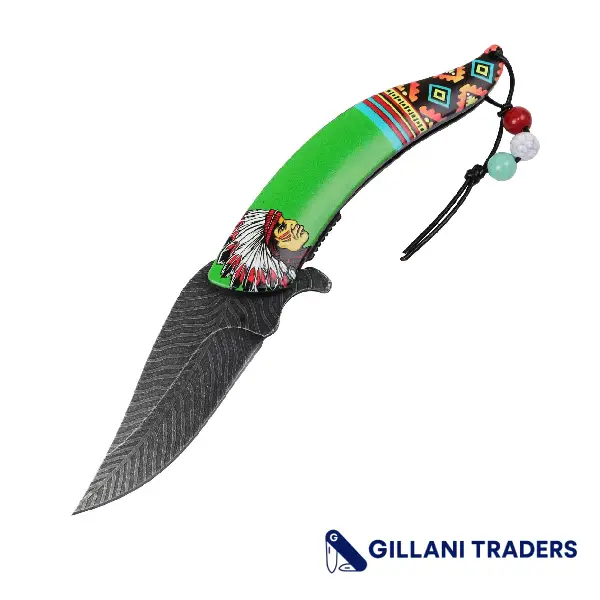 Defender 8" Spring Assisted Folding Knife Native American Stainless Steel Green