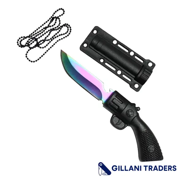 Defender-Xtreme 5.5" Rainbow Hunting Gun Style Knife w/ Necklace 3CR13 Steel