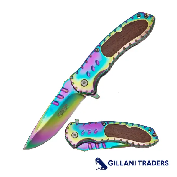 Defender-Xtreme 8.5" Rainbow Titanium Coating With Red Ebony Inlay Handle Spring Assisted Folding Knife