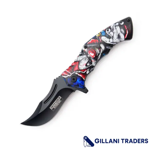 Defender-Xtreme 8" Skull Design White ABS Handle 3CR13 Steel Spring Assisted Folding Knife