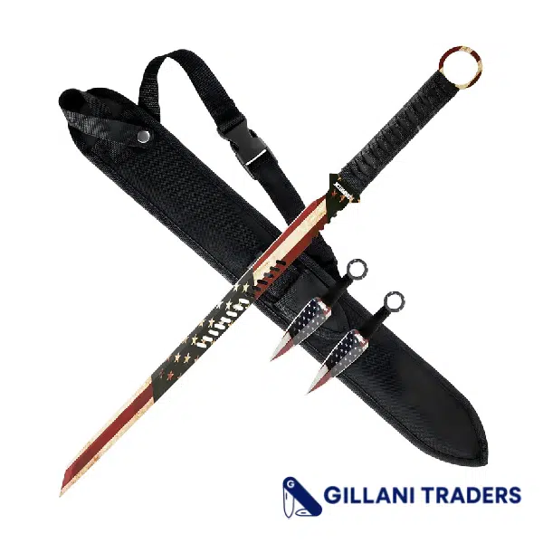 Dispatch 27" USA Design Angular Blade Sword and 2 Pcs Throwing Knife Set with Back Carry Sheath