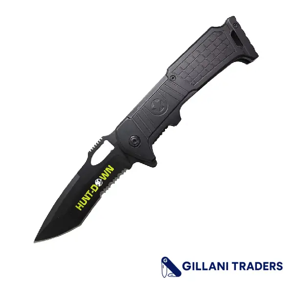 Hunt-Down 9" All Black Serrated Blade Spring Assisted Folding Knife With Belt Clip