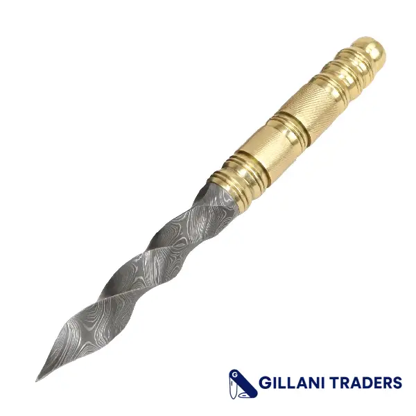 The Bone Edge 10" Damascus Folded Steel Twist Dagger Gold Handle Leather Sheath