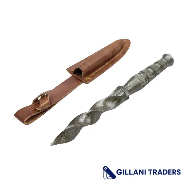 The Bone Edge 10" Damascus Hunting Knife Kris Blade with Leather Sheath Full Tang