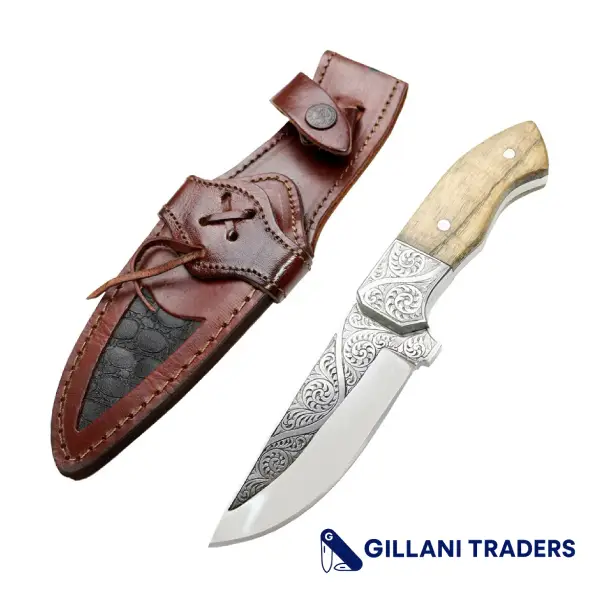The Bone Edge 10" Engraved Blade Ash Wood Handle Custom Hand Made Tracker Hunting knife With Sheath