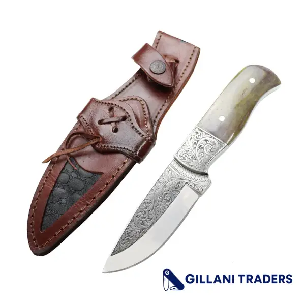 The Bone Edge 10" Green & Brown Wood Handle Engraved Blade Hand Made Tracker Hunting knife With Sheath