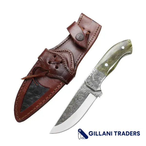 The Bone Edge 10" Hand Made Engraved Blade Green & Brown Wood Handle Tracker Hunting knife With Sheath