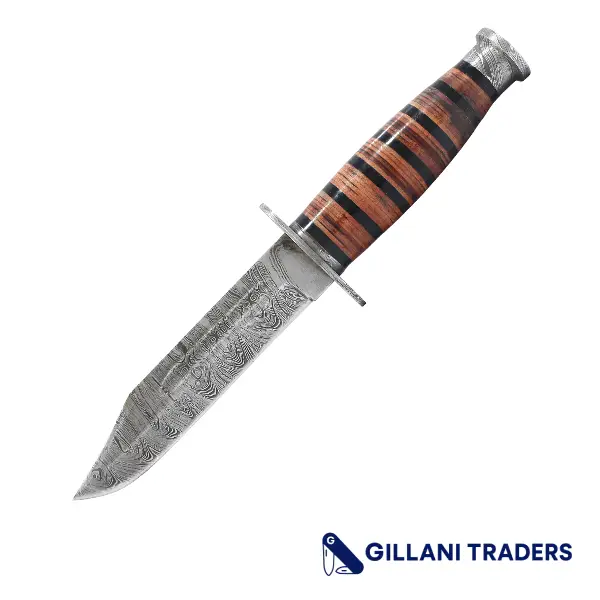 The Bone Edge 11" Stacked Leather Handle Damascus Blade Hunting Knife With Sheath