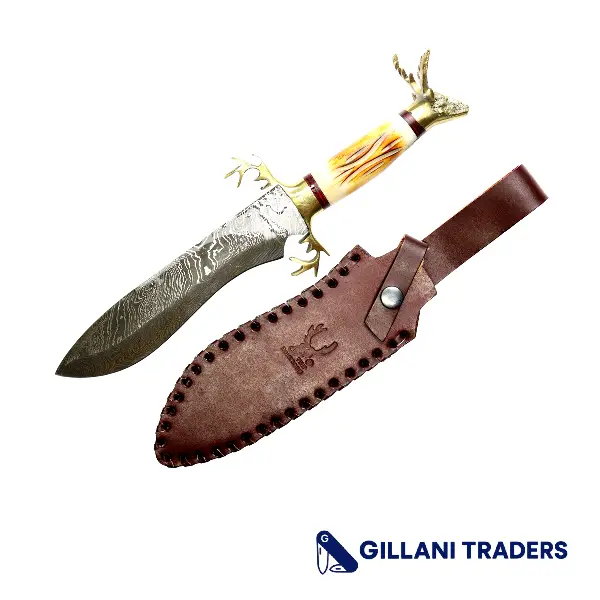 The Bone Edge 13.5" Horn Handle Deer Head Damascus Blade Hunting Knives W/ Leather Sheath