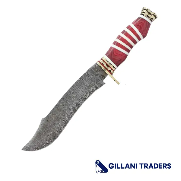 The Bone Edge 13" Damascus Blade Hunting Knife White & Red Handle With Leather Sheath