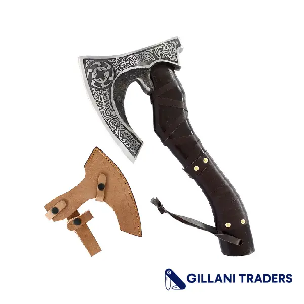 The Bone Edge 14" Brown Leather Wrapped Handle Steel Blade Hunting Axe With Sheath