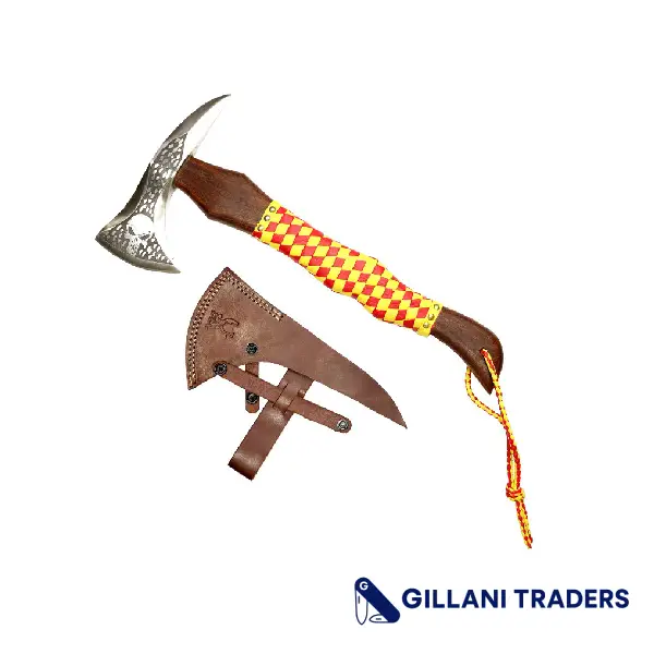 The Bone Edge 17.5" Hunting Axe Red & Yellow Leather Wrapped Handle With Sheath