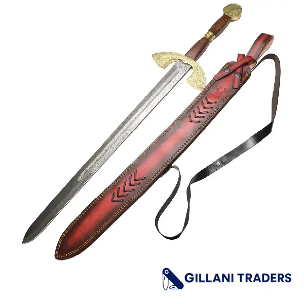 The Bone Edge 35" Wood Handle Damascus Blade Sword With Genuine Leather Sheath