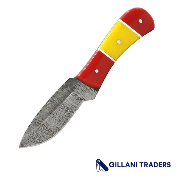 The Bone Edge 6" Red & Yellow Resin Handle Damascus Blade Hunting Knife With Sheath