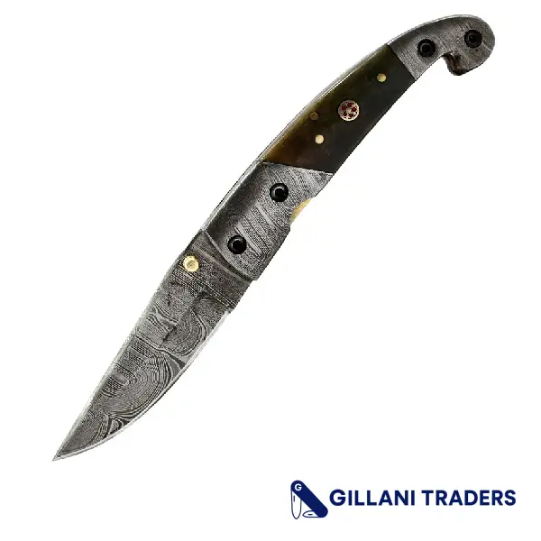 The Bone Edge 7.5" Damascus Blade Folding Knife Hand Made Burn Bone Handle With Damascus Bolster