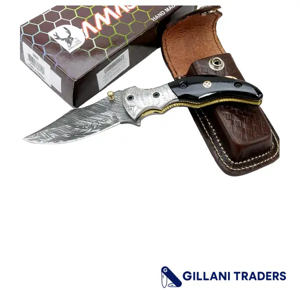 The Bone Edge 7.5" Damascus Blade Folding Knife Horn Handle Handmade with Sheath