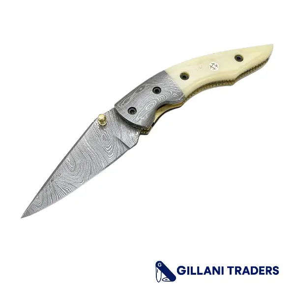 The Bone Edge 7" Damascus Blade Folding Knives Horn Handle Handmade with Sheath