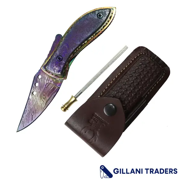 The Bone Edge 7" Multi Color Damascus Blade Folding Knife Hand Made With Pouch