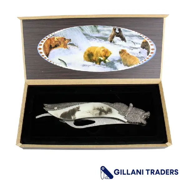 The Bone Edge 8.5" Bear Pattern Handle Folding Knife With Gift Box