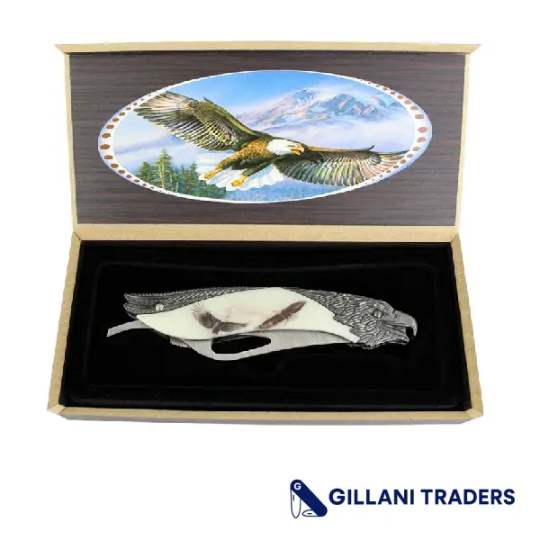 The Bone Edge 8.5" Eagle Pattern Handle Folding Knife With Gift Box