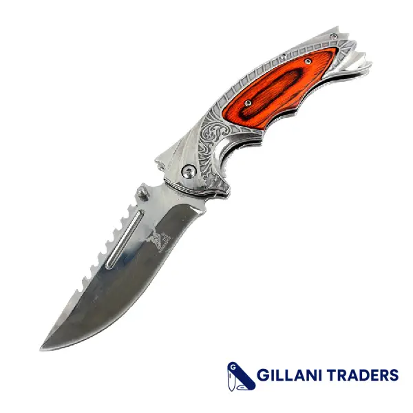 TheBoneEdge 8.5" Spring Assisted Knife with Ridged Top Edge - Wood and Silver