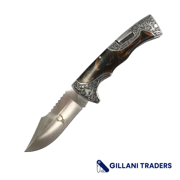 The Bone Edge 9" Marble Handle Engraved Design Folding Knife 3CR13 Steel