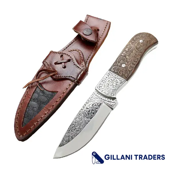 The Bone Edge 9" Rose Wood Handle Engraved Blade Hand Made Tracker Hunting knife With Sheath