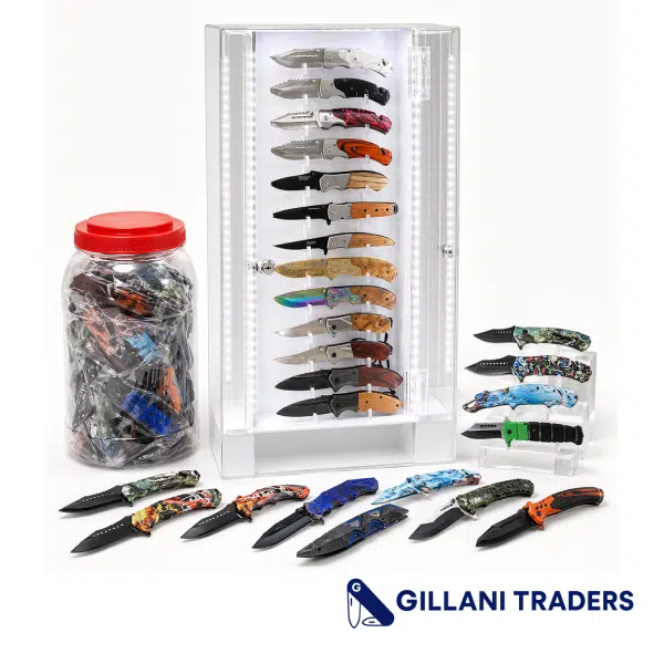 72pc Assorted Spring Assisted Knife Bundle with 52 Piece Rotating LED Display Case