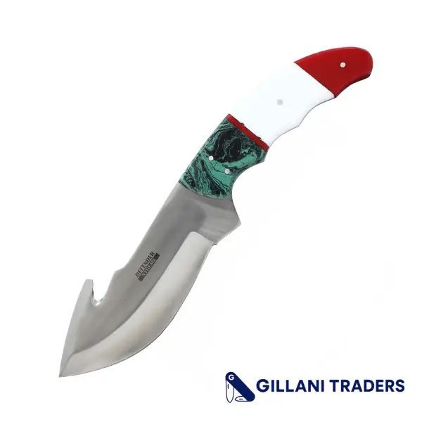 Defender-Xtreme 9" Gut Hook Blade Green/White/Red Resin Handle Hunting Knife With Leather Sheath