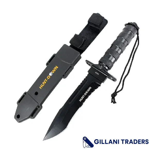 Hunt-Down 12" All Black Fixed Blade Survival Knife - Survival Kit & Compass