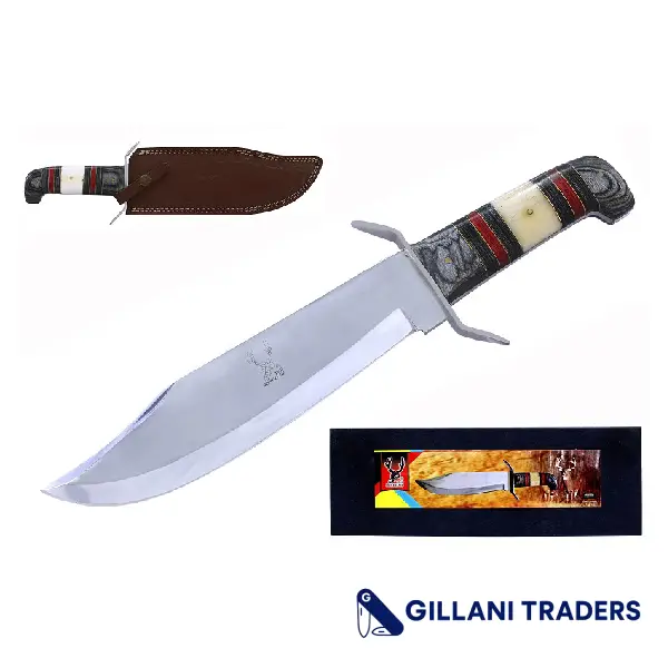 The Bone Edge 15" Full Tang Red Black Wood & Horn Handle Brass Clip Hunting Bowie Knife With Sheath
